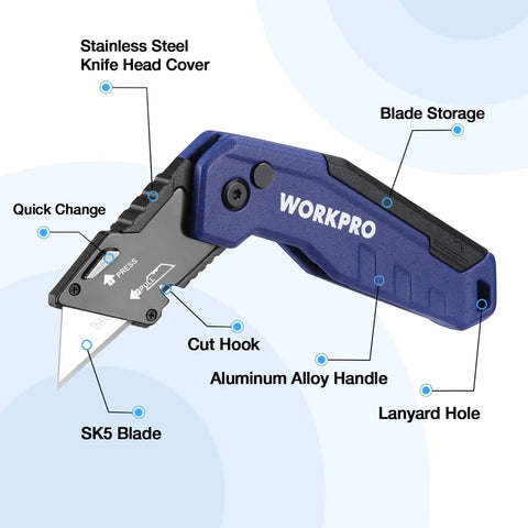 Folding Utility Knife With Quick Change Blades Aluminum Handle Box Cutter displayed with features labeled
