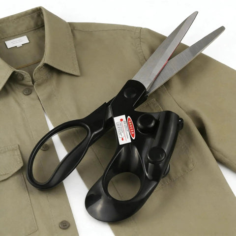 Laser Guided Scissors For Fabric Cutting And Sewing With Precision Laser Line, Quilting And Crafting, on a khaki shirt