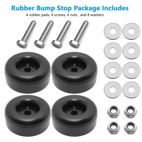 Heavy Duty 2.5 Inch Round Rubber Bumpers With Screw Kit For Trailer Ramp Doors Durable Bump Stops For Air Compressors Pumps Generators And Pressure Washers Multi Purpose Protective Door Bumpers 4 Pack showing 4 rubber pads, screws, nuts, and washers.
