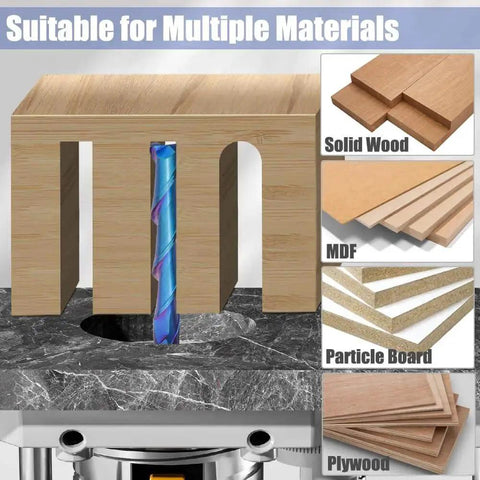 Upcut Spiral Router Bit For CNC Woodworking With One Quarter Inch Shank And One Quarter Inch Cutting Diameter Two Flute Long End Mill For Mortises Milling Carving And Engraving Carbide Construction Pro Grade Quality By Yakamoz on display with various wood materials