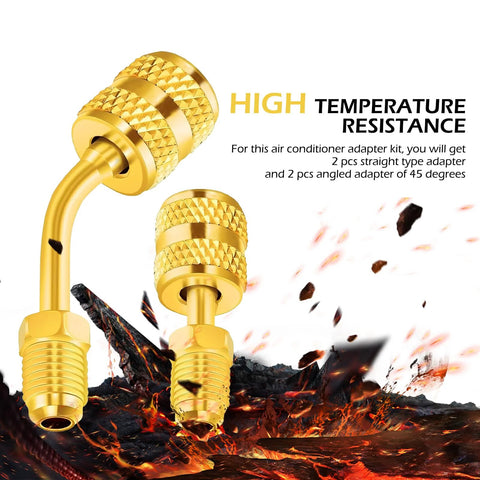 Gold brass mini split adapter set, 5/16 in female to 1/4 in male flare, with 2 straight and 2 angled adapters