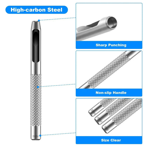 Close-up of 7 Piece Hollow Leather Hole Punch Set With Anti Slip Grip Round Punches showing high-carbon steel structure and sharp punching tip