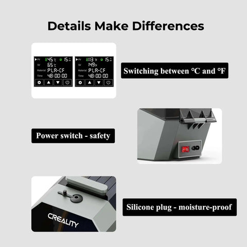 3D Printer Filament Dryer And Storage Box With 360 Degree Hot Air Circulation 80W PTC Heater control panel and safety features