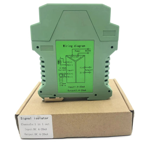 Ultra Slim Signal Isolator DC 24V For PLCs With Analog Output 4 20mA One In One Out Rail Mount Isolated Signal Conditioner on box.