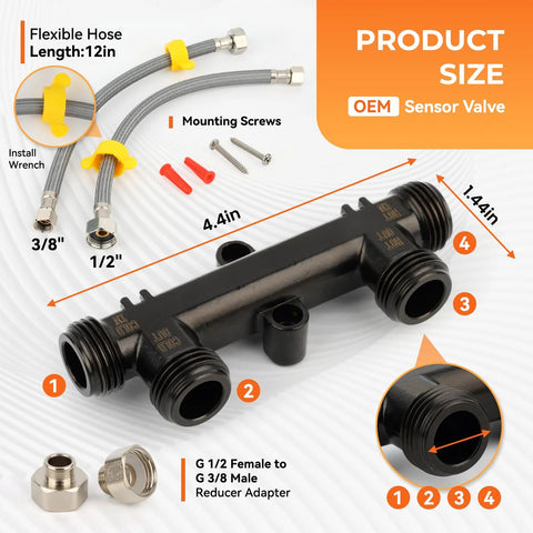 Brass sensor valve with black coating for hot water recirculation; four ports; includes two 12in hoses and two fittings.