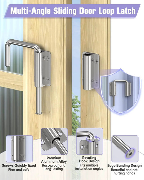 Built Tough Multi Angle Sliding Door Loop Lock For Barn Doors And More, U Bolt style installed on a wooden door, silver, aluminum alloy