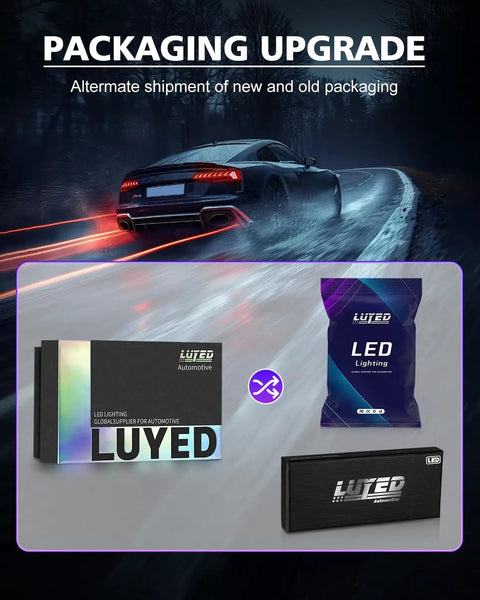 Packaging upgrade for LED lighting products in new and old packages, showing two different box designs.