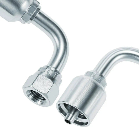 Close-up of 10 Pack One Quarter Inch Hydraulic Fittings Kit With One Quarter Inch JIC 37 Degree Female 90 Degree Swivel End Permanent Crimp Fittings For Hose Repair Leak Proof Connections Heavy Duty DIY Hydraulic Line Fix