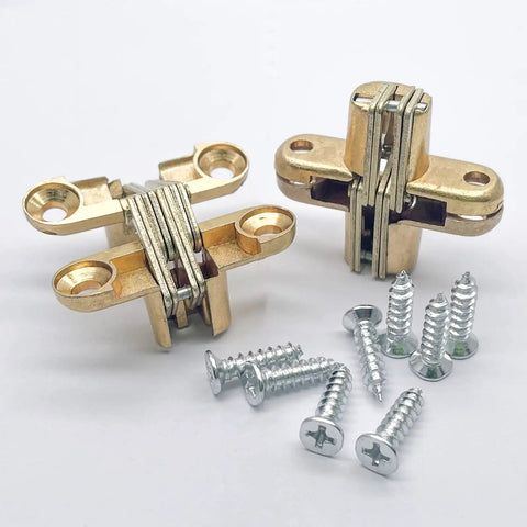 Hidden Door Hinges With Screws Mortise Mount Concealed Cross Hinges for Folding Wooden Doors Gold Zinc Alloy