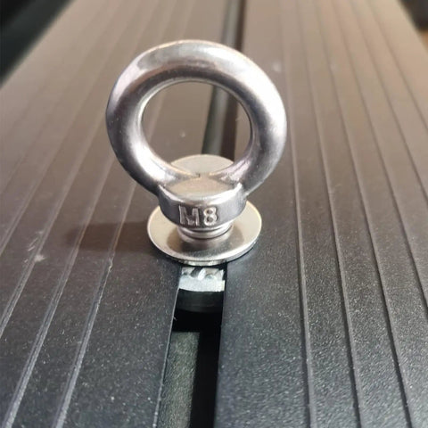 Heavy Duty Stainless Steel Shoulder Eye Bolts 4 Pack With Washers Nuts And Slot Nuts For Tie Down Anchoring And Lifting Rings Threaded Eyebolts Multi Function Kit Model 2 installed on metal surface