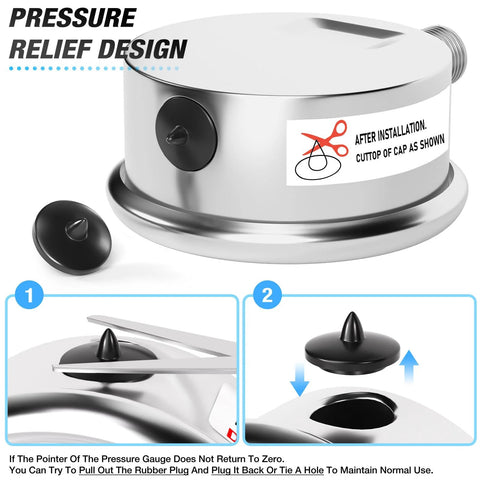 Stainless steel pressure relief gauge housing with 1/4 NPT port and removable cap, 2.5 inch dial.