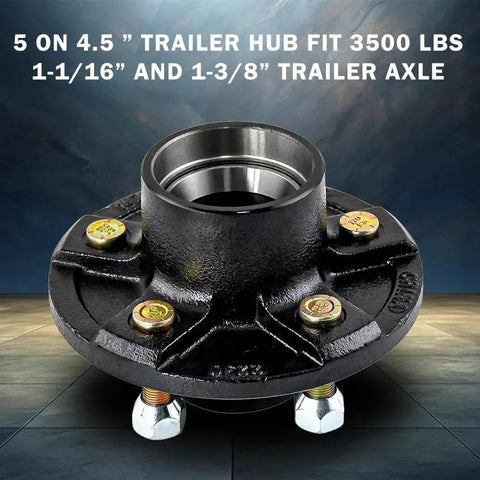 Two Pack Trailer Idler Hub Kits With Five On Four Point Five Inch Bolt Pattern For 3500 Lb Axles With Round No 84 Spindles By RigsNParts Built Tough For Smooth Rolling And Easy Install On Any Job Site, front view of trailer hub.