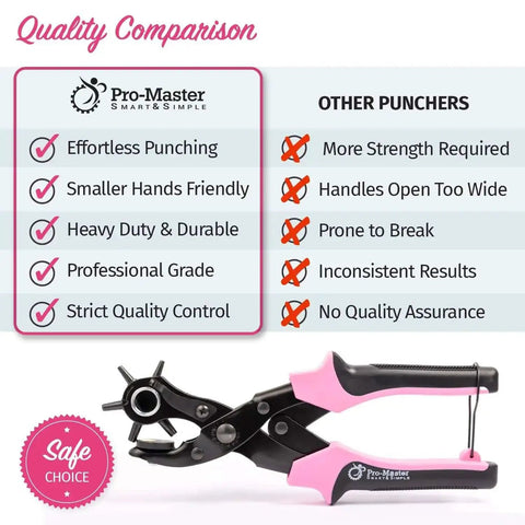 Comparison chart with Pro-Master Leather Hole Punch Tool advantages over others; pink handle, heavy duty, small hands friendly, double leverage.