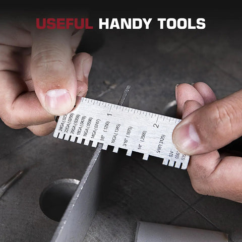 Close-up of hands using a Dual Sided Stainless Steel Metal Gauge Thickness Tool 0-36 Range for measuring metal.