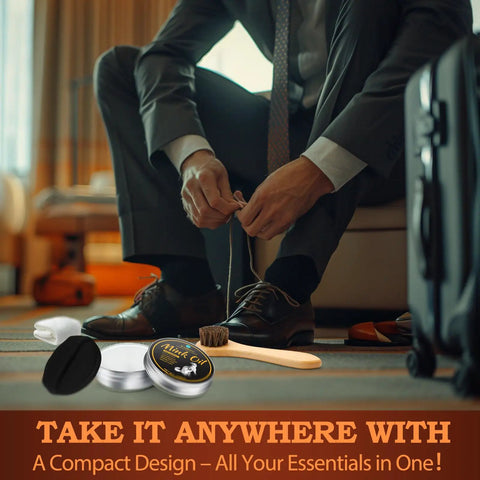 All in One Mink Oil Leather Care Kit With Cleaner And Conditioner, Horsehair Brush, Sponge And Towel For Boots Shoes And Bags, Waterproof And Stain Resistant Leather Maintenance on a table.