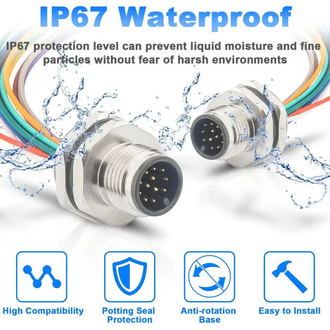 Unshielded M12 12-Pin A-Code Connector Cable, 0.2M Straight Back-Mount, IP67 Waterproof Aviation Sensor Lead with PVC Jacket