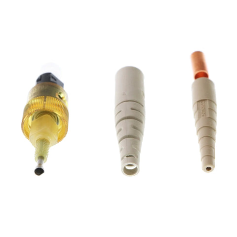3-piece Corning UNICAM OM1 ST-compatible fiber optic connector set: amber housing, beige boot, ceramic ferrule.