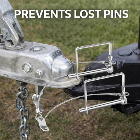 Beefy Heavy Duty Trailer Coupler Pins Three Eighths Inch By Four Inch Pack Of Four With Anti Loss Safety Cable installed on hitch