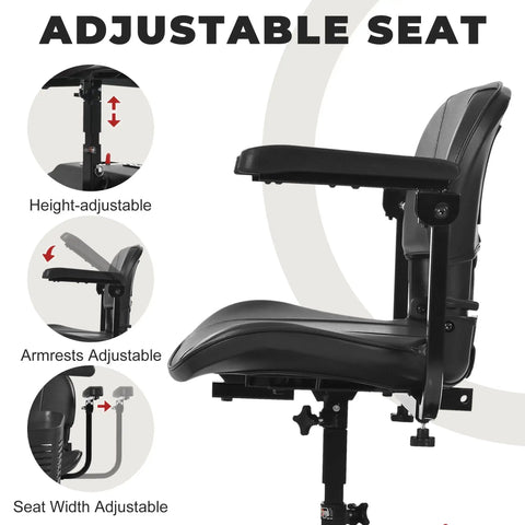 Side view of an adjustable mobility scooter seat with height-adjustable post and adjustable armrests