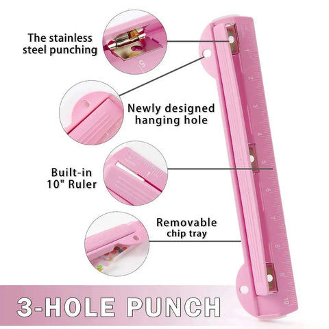 Pink 3 Hole Binder Punch, Compact Desk Tool With 5 Sheet Capacity, includes 10 Inch Ruler, Paper Chip Tray, and Paper Line Up Guide