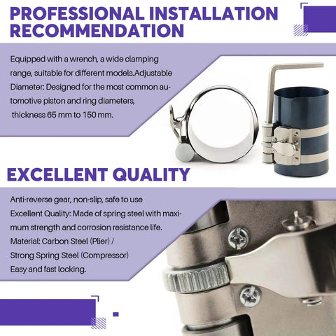 8Pcs Piston Ring Compressor Kit With Adjustable Installation Pliers And Wrench Pro Grade Includes 3 Inch 4 Inch And 6 Inch Compressors Stainless Steel Feeler Gauge Assortment For Car Engine Piston Installation And Removal, showing close-up of ring clamp and wrench with text details.