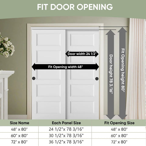 48x80 In 5 Panel Bypass Sliding Closet Door Kit With White Primed Slabs, Bypass Track Hardware Included, Paintable And Lightweight