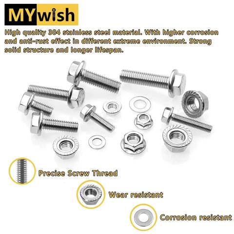 224Pcs M6 Flange Bolt Set With Hex Heads Flange Nuts And Washers 304 Stainless Steel M6x1.0 Threads Includes 12 16 20 25 30mm Lengths Metric DIN 6921 Bolts Durable Corrosion Resistant Hardware Kit displayed on a white background showing variety of bolts, nuts, and washers made of stainless steel.