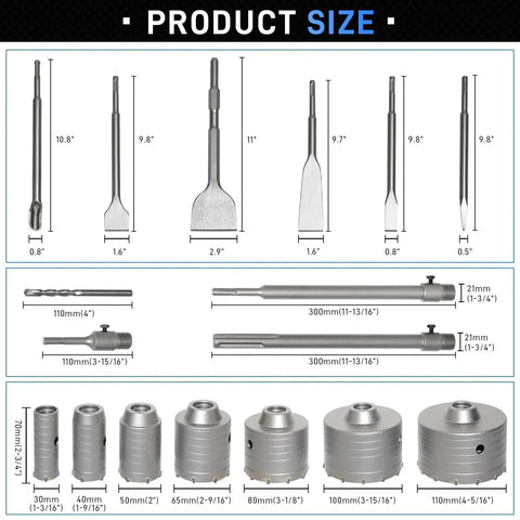 Product size chart of the All In One 34 Piece Concrete Hole Saw Kit For Masonry Drilling With SDS Plus And SDS Max Shanks, Wall Saw Bits For Brick Stone And Cement Walls, Includes 30 40 50 65 80 100 110 Mm Hole Saws And Chisel Set showing various tool dimensions.