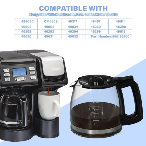 Replacement 12-cup coffee maker carafe for Hamilton Beach Flexbrew; clear glass with black handle.