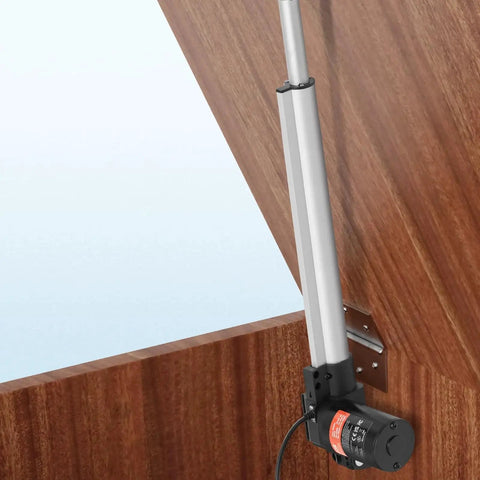 12V linear actuator, 14-inch heavy-duty aluminum body with mounting bracket mounted to wood