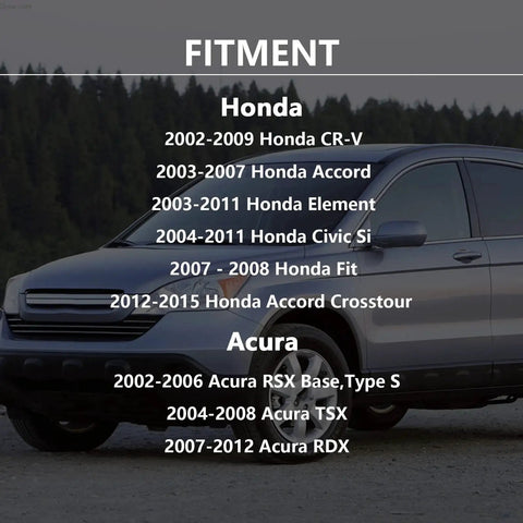 Side view of a Honda vehicle with a fitment list for VVT VTEC Solenoid Gasket Valve Cover Set 3 Piece for 2002-2015 models.