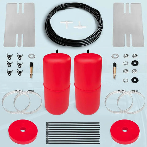 Top-down view of FLOVENTIS air suspension kit: two red air springs with hoses and mounting hardware for GM SUVs