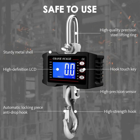 1000Kg Heavy Duty Crane Scale With Backlit LCD Digital Hanging Scale Data Hold Tare And Unit Switch Auto Off Aluminum