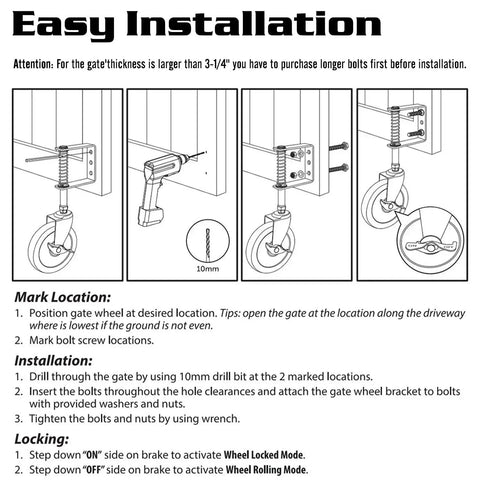 Installation guide for spring loaded gate wheel with 360 degree swivel for heavy gates outdoor gate caster kit supports up to 220 lbs.
