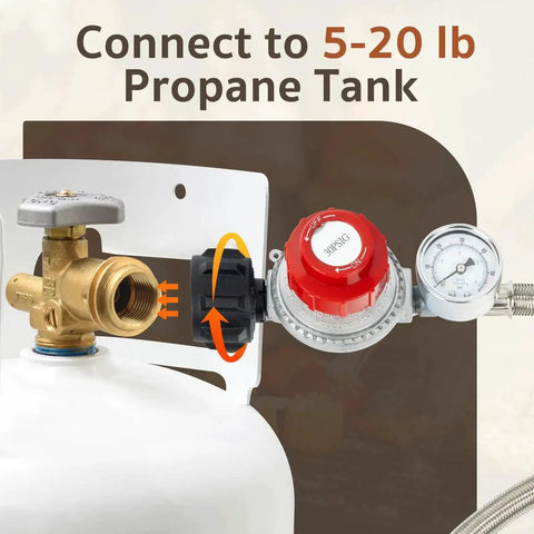 Adjustable 0-30 PSI Propane Regulator With Built In Gauge And Five Foot Stainless Braided Hose, connected to propane tank.