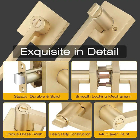 2 Pack Heavy Duty Keyless Privacy Door Handles Satin Brass Finish for Interior Bedroom and Bathroom Doors, side views and details