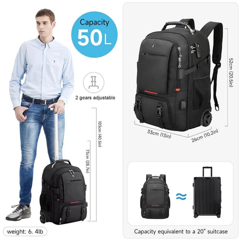 Man standing with Three In One Travel Vacuum Backpack With Wheels For Women And Men 50L Rolling Vacpack shown with dimensions.
