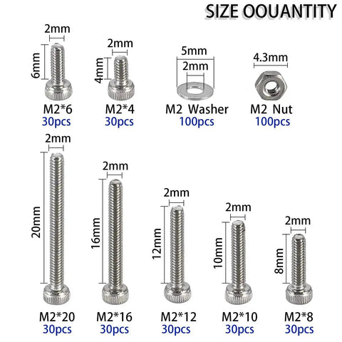 Tiny Hex Socket Head Cap Screws Kit With Nuts And Washers, 304 Stainless Steel Micro Allen Machine Screws M2. Sizes 4-20mm shown.