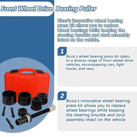 Front Wheel Bearing Tool Kit 19 Piece Set For Press And Puller Wheel Hub Bearing Removal And Installation FWD Master Set Heavy Duty Pro Grade For Easy Shop Quality Service in a red case with components displayed.