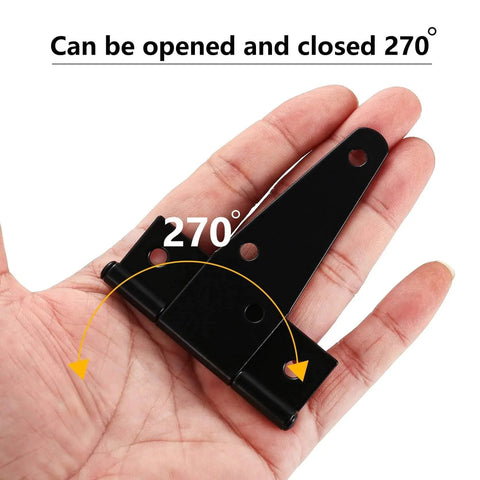 Close-up of a 6 Pack 3 Inch T Strap Hinge Heavy Duty Black Outdoor Tee Hinge on hand, showing 270-degree opening capability.