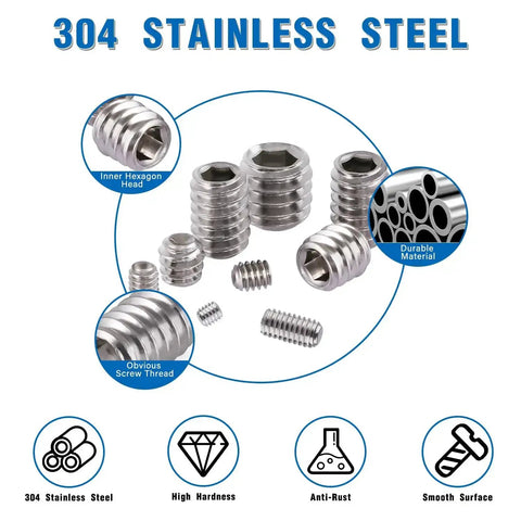 Stainless Steel Set Screws Kit With SAE And Metric Allen Head Socket Hex Grub Screws For Bathroom Fixtures And Door Handles From M3 To M8 And One Eighth To Five Sixteenth Inch Threads, with hex wrenches, showcasing 304 stainless steel screws.
