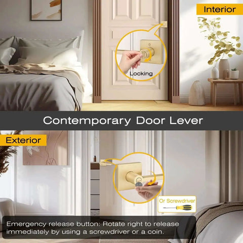 2 Pack Heavy Duty Keyless Privacy Door Handles Satin Brass Finish For Interior Bedroom And Bathroom Doors With Thumb Turn Lock And Emergency Release Outside Smooth Sleek Design And Durable Construction
