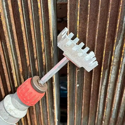 Manual hydraulic punch tool from Square Hole Cutter Kit For 86-Type Electrical Junction Boxes used on a metal surface