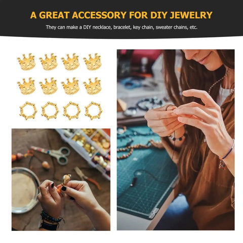 Dope Vintage Style Crown Charms Set, 50 Pcs Alloy Gold Tone Crown Pendants with intricate detailing for jewelry making and DIY projects.
