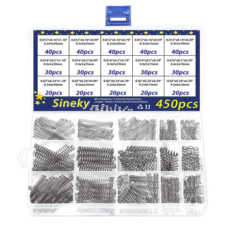 Sineky 450pcs stainless steel compression springs assortment kit with 15 sizes, 10–30 mm length.