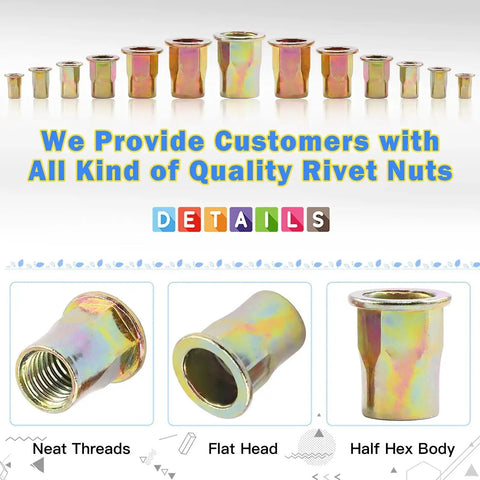 320Pcs Rivet Nut Assortment Kit M3 M4 M5 M6 M8 M10 M12 Half Hex Body Flange Rivet Nuts Zinc Plated Carbon Steel Flat Head Rivnut Set
