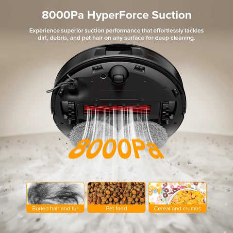 Roborock Qrevo Series robot vacuum and mop in black, bottom view with 8000Pa suction and spinning mop.