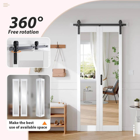 Bifold Barn Door Mirror 36x84 With One Lite Mirror, Bi-Fold Closet Doors Hardware Kit Included, PVC White installed in room.
