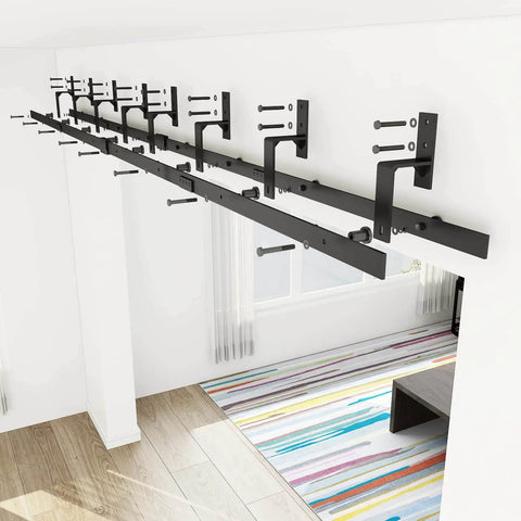 Double Bypass Glass Barn Door Kit With 10 Ft Hardware And Soft Close installed overhead, black carbon steel frame visible.
