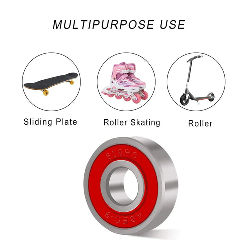 Multipurpose use Eight Pack 608 8x22x7 skateboard longboard inline roller bearings for skateboards, skates, scooters with red seal.